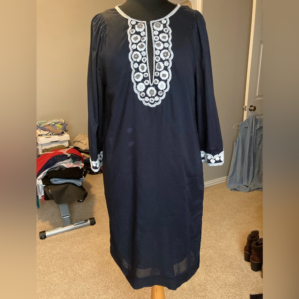 Tory Burch Midnight Blue Dress with Cream embroidery, 2 layers, size 10